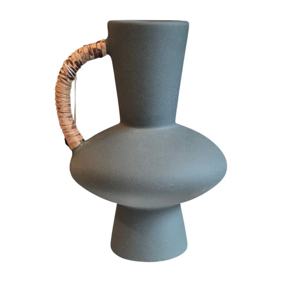 Vtg Rustic Green Modern Retro Art Rattan Boho Ceramic Flower Vase Room Decor